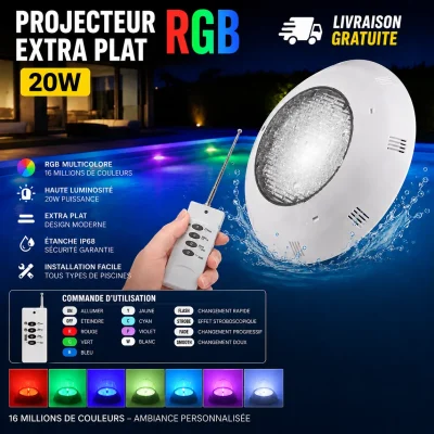 Projecteur LED extra plat RGB 20 W avec commande pour piscine enterrée